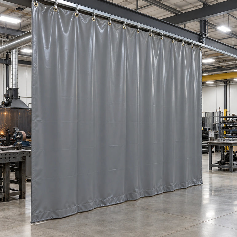 Custom gray vinyl shop curtain dividing work areas in a metal fabrication shop