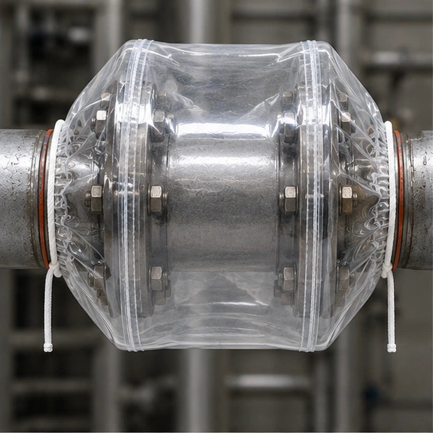 Clear PVC safety spray shield wrapped around a 4 inch Class 150 flange