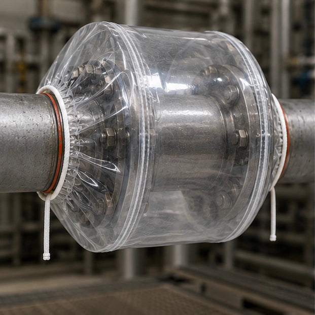 Safety spray shield drawstring cinched to pipe wall preventing lateral spray-out