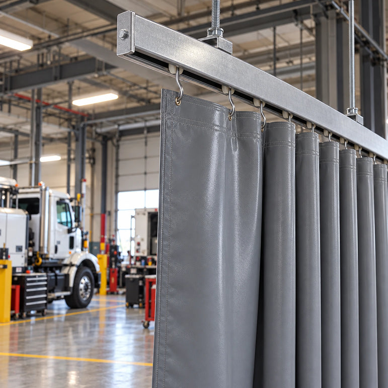 Shop curtain partially open on overhead track in a fleet maintenance garage