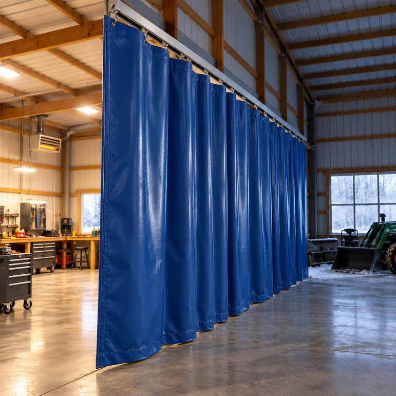 Vinyl shop curtain dividing a heated work area from cold storage in a pole barn garage