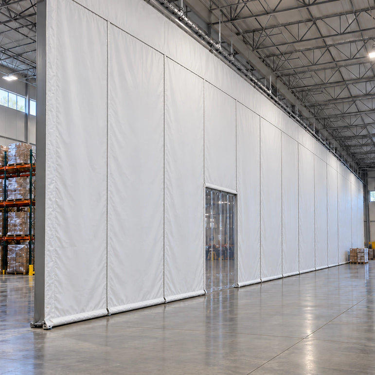 Custom insulated warehouse curtain walls installed in industrial facility with equipment and storage visible