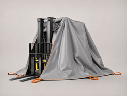 Forklift fire blanket covering electric lift truck, made in USA