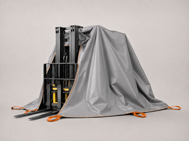 Forklift fire blanket covering electric lift truck, made in USA