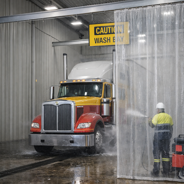 Truck being washed in a commercial vehicle wash bay with a worker 