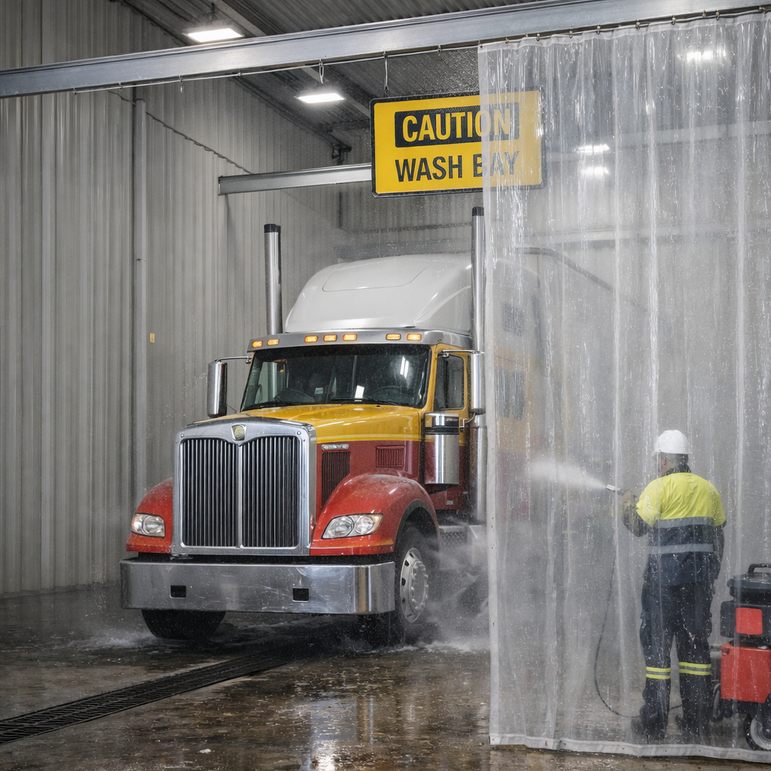 Truck being washed in a commercial vehicle wash bay with a worker 