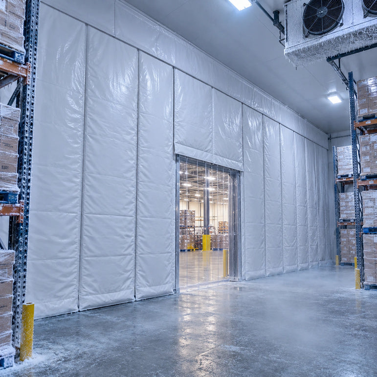 Insulated curtain wall separating cold storage freezer area from ambient warehouse space