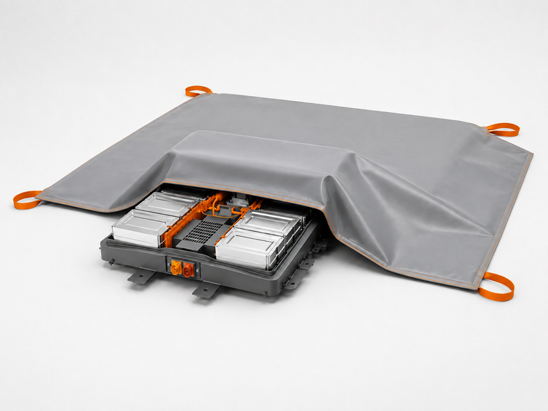Reusable lithium battery fire blanket covering pallet of batteries