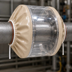 PTFE safety spray shield installed on a flanged pipe joint with clear FEP inspection band