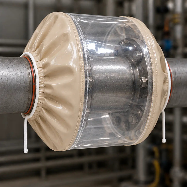 PTFE safety spray shield installed on a flanged pipe joint with clear FEP inspection band