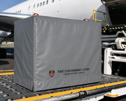 Fireproof pallet cover on GMA 48x40 pallet of lithium batteries