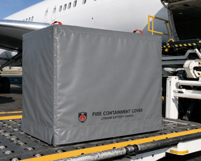 Fireproof pallet cover on GMA 48x40 pallet of lithium batteries