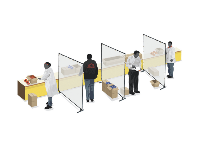 Clear Floor Standing Sneeze Guards Provide Social Distancing in Work Areas