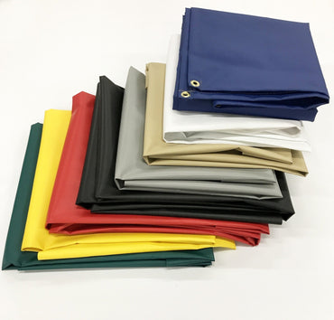 18 oz Vinyl Tarps in blue, black, white, yellow, red, green, & tan for heavy duty use