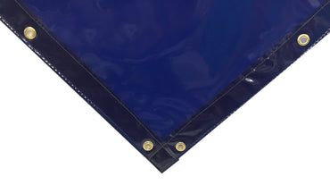 Corner view of Blue Welding Curtains with Hems and Punched Grommets from Steel Guard Safety