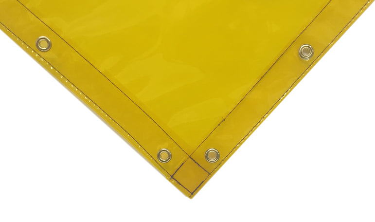 Corner view of Yellow Welding Curtains with Hems and Punched Grommets from Steel Guard Safety